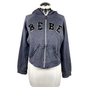 Bebe Y2K Sequin Spellout Gray Cropped Streetwear Grunge Mcbling Zip Up Hoodie M